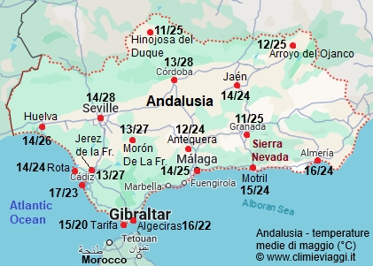 Andalusia - mappa con le temperature medie a maggio