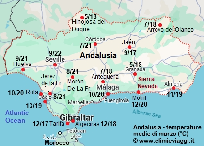 Andalusia - mappa con le temperature medie a marzo