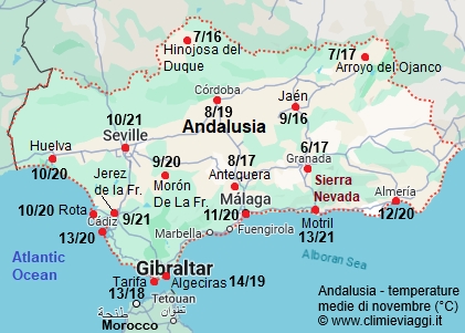 Andalusia - mappa con le temperature medie a novembre