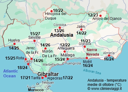 Andalusia - mappa con le temperature medie a ottobre
