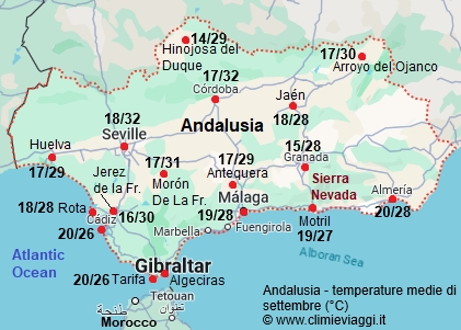 Andalusia - mappa con le temperature medie a settembre