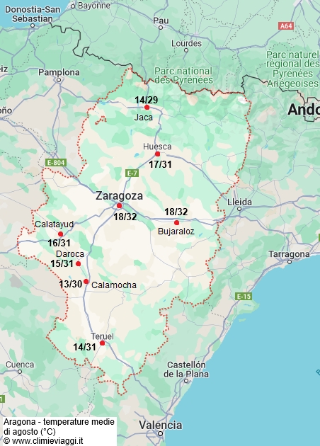 Aragona - mappa con le temperature medie a agosto