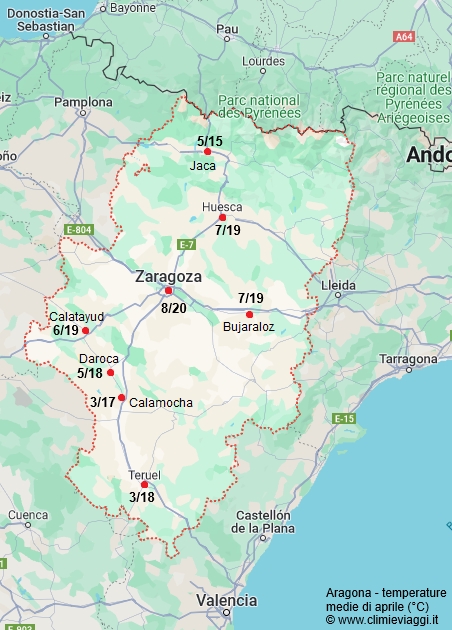 Aragona - mappa con le temperature medie a aprile