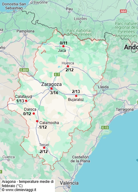 Aragona - mappa con le temperature medie a febbraio
