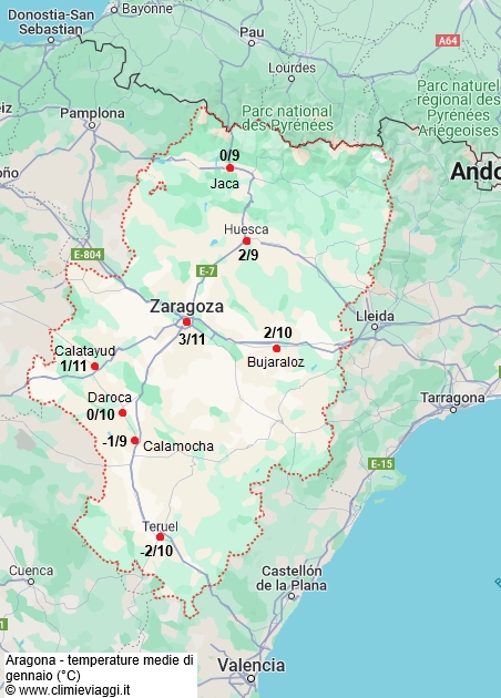 Aragona - mappa con le temperature medie a gennaio