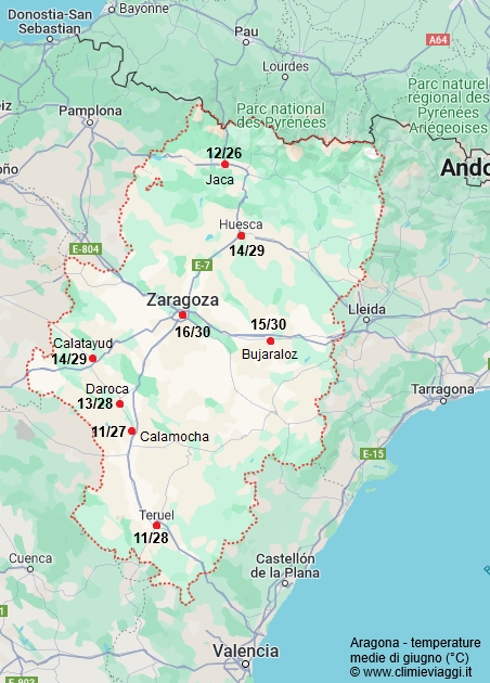 Aragona - mappa con le temperature medie a giugno