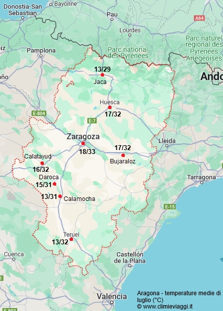 Aragona - mappa con le temperature medie a luglio