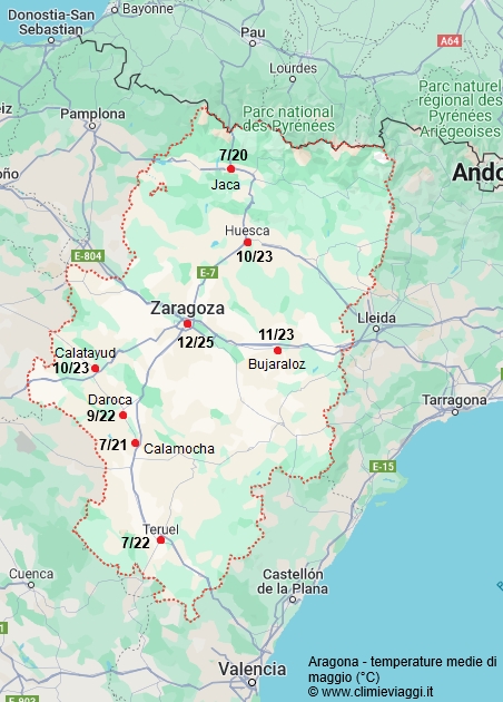 Aragona - mappa con le temperature medie a maggio