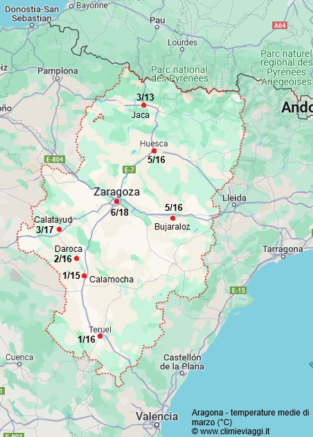 Aragona - mappa con le temperature medie a marzo