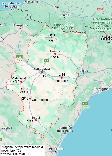 Aragona - mappa con le temperature medie a novembre