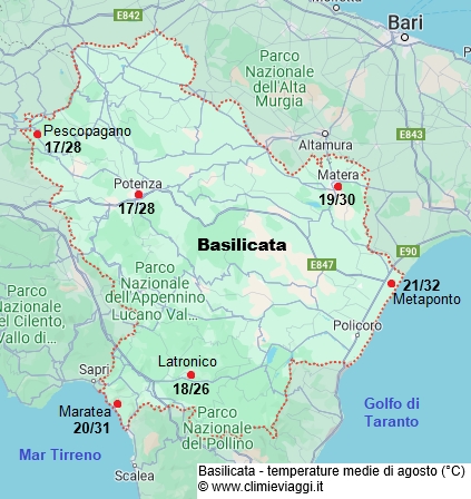 Basilicata - mappa con le temperature medie a agosto
