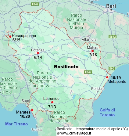 Basilicata - mappa con le temperature medie a aprile