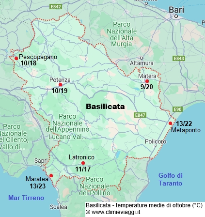 Basilicata - mappa con le temperature medie a ottobre