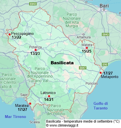 Basilicata - mappa con le temperature medie a settembre