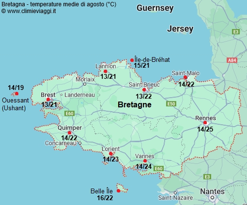 Bretagna - mappa con le temperature medie a agosto