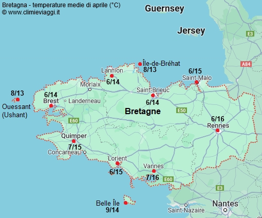 Bretagna - mappa con le temperature medie a aprile