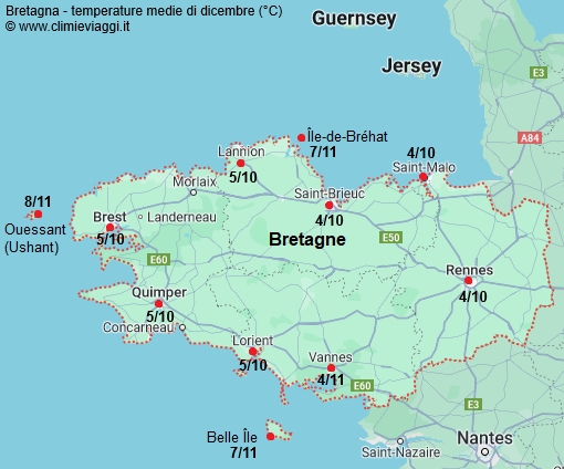 Bretagna - mappa con le temperature medie a dicembre
