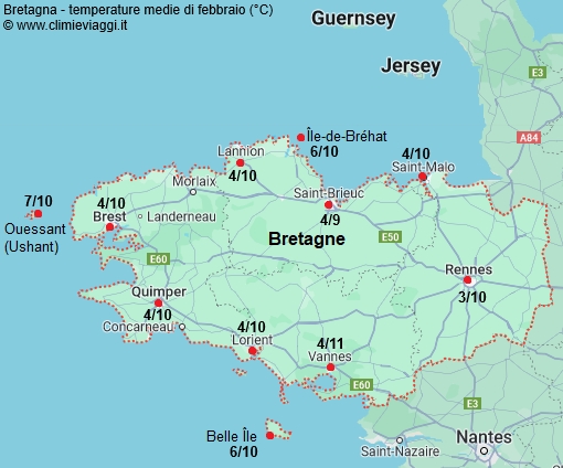 Bretagna - mappa con le temperature medie a febbraio