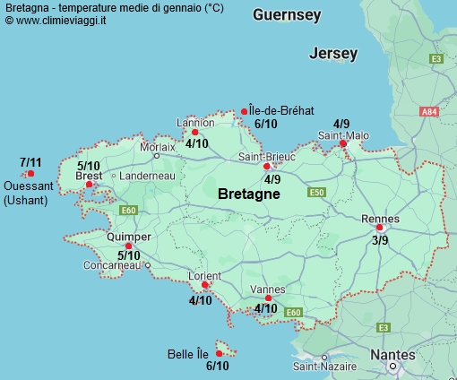 Bretagna - mappa con le temperature medie a gennaio