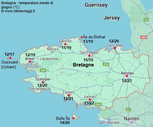 Bretagna - mappa con le temperature medie a giugno