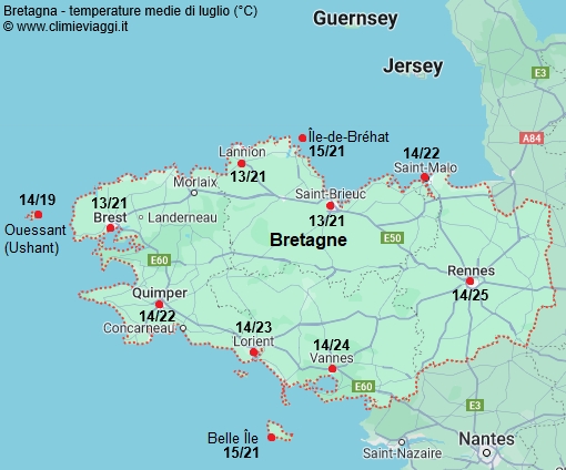 Bretagna - mappa con le temperature medie a luglio