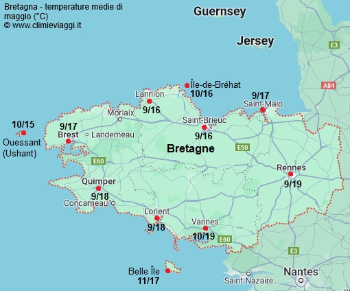 Bretagna - mappa con le temperature medie a maggio