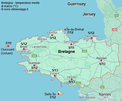 Bretagna - mappa con le temperature medie a marzo