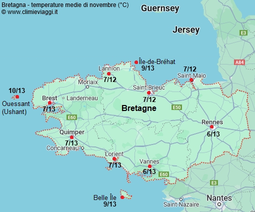 Bretagna - mappa con le temperature medie a novembre