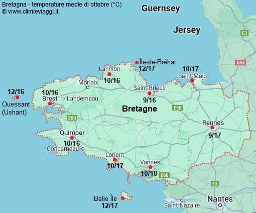 Bretagna - mappa con le temperature medie a ottobre
