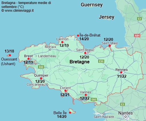 Bretagna - mappa con le temperature medie a settembre