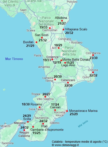 Calabria - mappa con le temperature medie a agosto