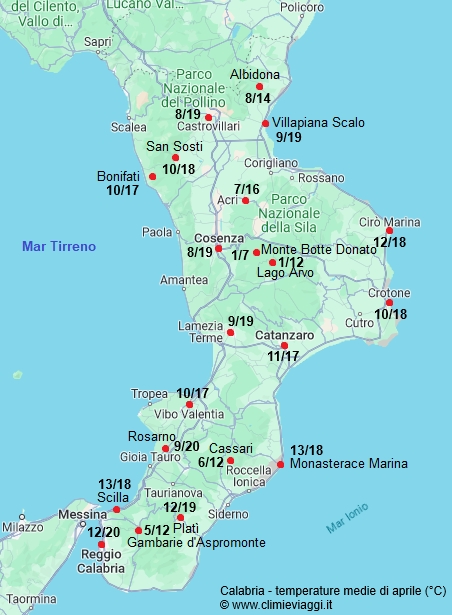 Calabria - mappa con le temperature medie a aprile