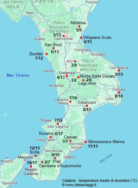 Calabria - mappa con le temperature medie a dicembre