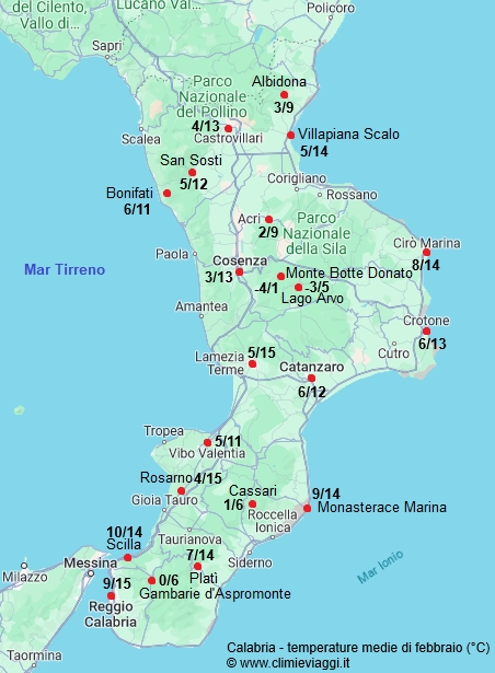 Calabria - mappa con le temperature medie a febbraio