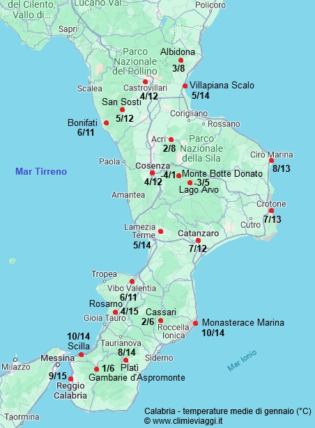 Calabria - mappa con le temperature medie a gennaio