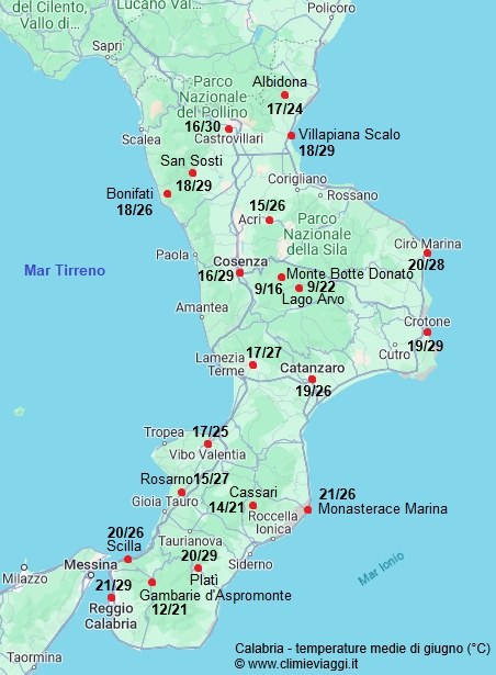 Calabria - mappa con le temperature medie a giugno