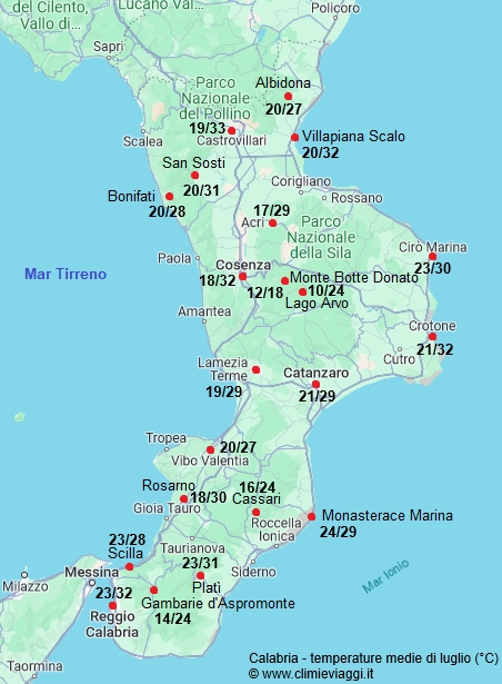 Calabria - mappa con le temperature medie a luglio