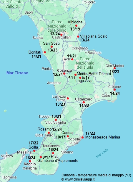 Calabria - mappa con le temperature medie a maggio