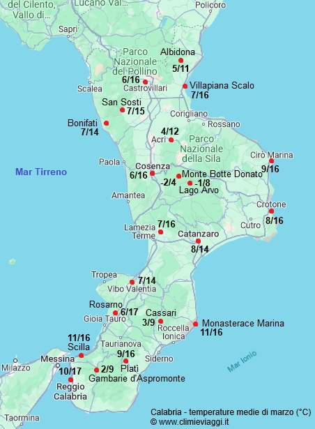 Calabria - mappa con le temperature medie a marzo