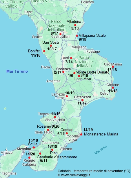 Calabria - mappa con le temperature medie a novembre