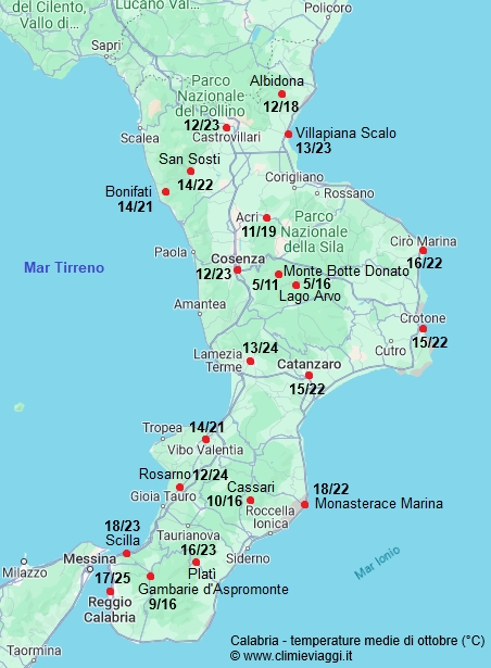 Calabria - mappa con le temperature medie a ottobre