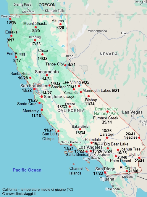 California - mappa con le temperature medie a giugno