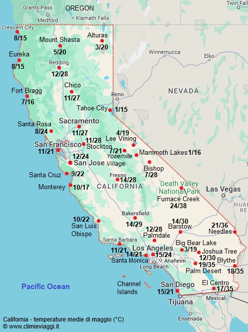 California - mappa con le temperature medie a maggio