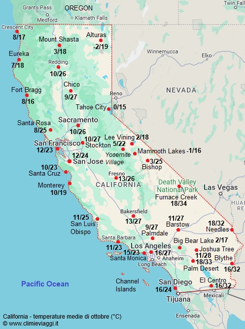 California - mappa con le temperature medie a ottobre