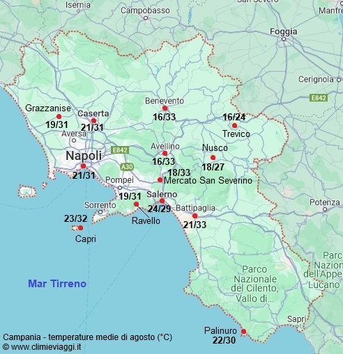 Campania - mappa con le temperature medie a agosto