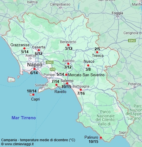 Campania - mappa con le temperature medie a dicembre