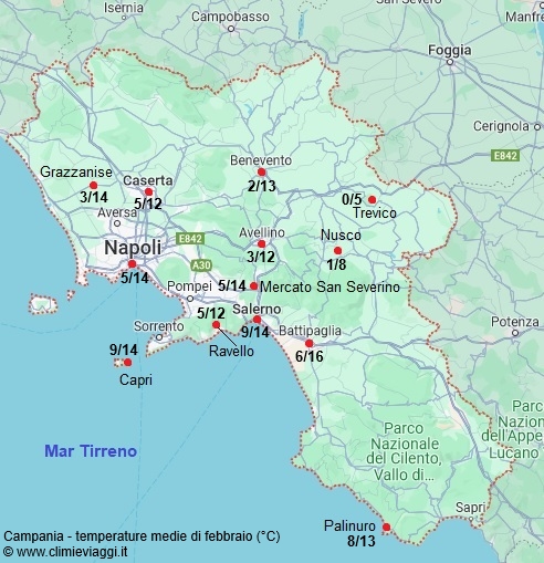 Campania - mappa con le temperature medie a febbraio