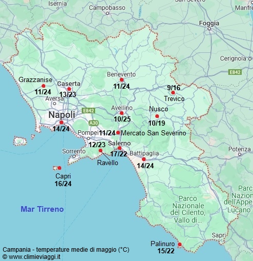 Campania - mappa con le temperature medie a maggio