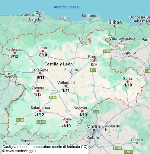 Castiglia E Leon - mappa con le temperature medie a febbraio