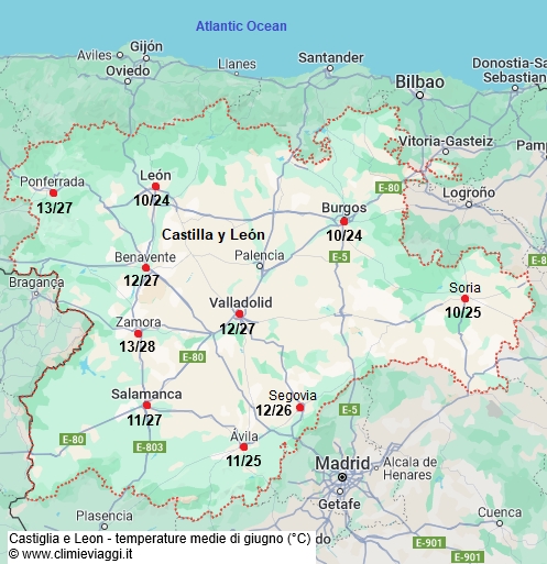 Castiglia E Leon - mappa con le temperature medie a giugno